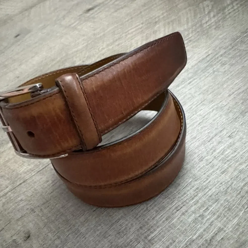 Magnanni Velaz Mens Calfskin Leather Belt Size 34 Tabaco Square Bar Style 1510